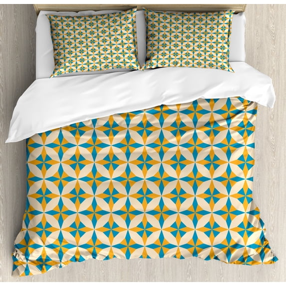 Geometric Duvet Cover Set, Abstract Geometric Origami Pattern Vintage Illustration Retro Style Print, Decorative 3 Piece Bedding Set with 2 Pillow Shams, King Size, Orange Teal Cream, by Ambesonne