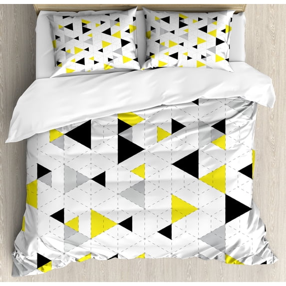 Geometric Duvet Cover Set, Abstract Triangles Diamond Motives in Mosaic Game Style Illustration Print, Decorative 3 Piece Bedding Set with 2 Pillow Shams, Queen Size, Yellow Black, by Ambesonne