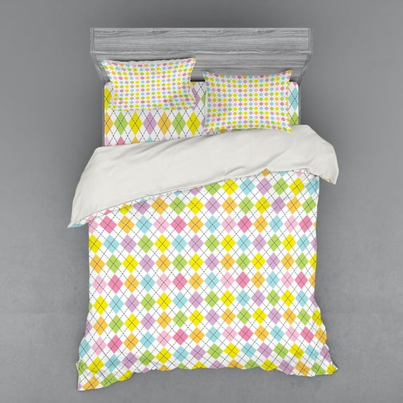 Geometric Duvet Cover Set, Argyle Pattern Formed by Dashed Lines Crossing over Soft Colored Diamond, Bedding Set with Shams and Fitted Sheet, 3 Sizes, by Ambesonne