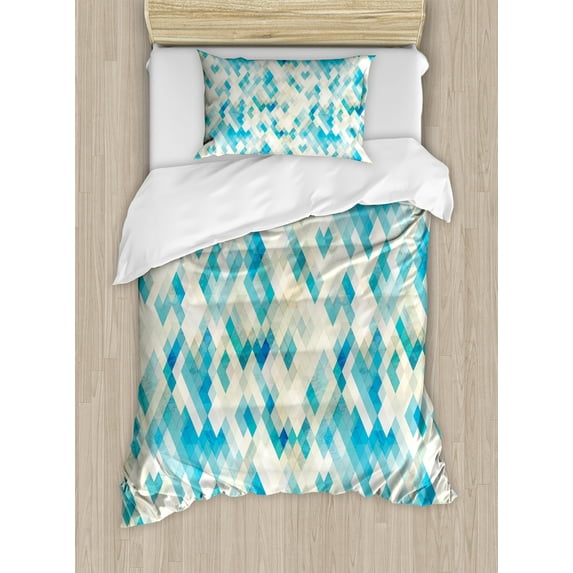 Geometric Duvet Cover Set, Blue Themed Hexagonal Shaped Abstract Modern Grunge Art Print, Decorative 2 Piece Bedding Set with 1 Pillow Shams, Twin Size, Turquoise White, by Ambesonne