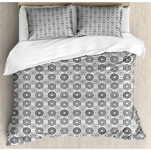 Geometric Duvet Cover Set, Blue Tones Abstract Colored Background Image Hexagon Modern Art Print, Decorative 3 Piece Bedding Set with 2 Pillow Shams, Calking Size, Grey Pale Grey, by Ambesonne