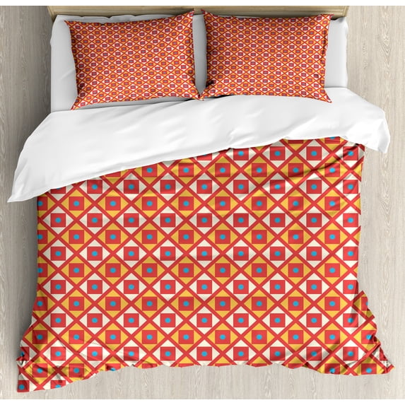 Geometric Duvet Cover Set, Checked Pattern with Dots in Squares Diagonal Retro Style, Decorative 3 Piece Bedding Set with 2 Pillow Shams, Queen Size, Sky Blue Marigold, by Ambesonne
