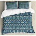 thumbnail image 1 of Geometric Duvet Cover Set, Chevron Background with Folk Effects and Ikat Retro Display, Decorative 3 Piece Bedding Set with 2 Pillow Shams, King Size, Earth Yellow Petrol Blue, by Ambesonne, 1 of 3