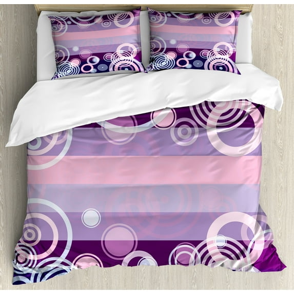 Geometric Duvet Cover Set, Circles Rounds Bold Borders in Middle 70s 80s Vintage Design, Decorative 3 Piece Bedding Set with 2 Pillow Shams, Calking Size, Hot Pink Magenta, by Ambesonne