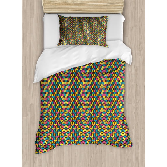 Geometric Duvet Cover Set, Colorful Cubes Funky Shapes in Various Tones Abstract Mosaic Tile Repetition, Decorative 2 Piece Bedding Set with 1 Pillow Shams, Twin Size, Multicolor, by Ambesonne