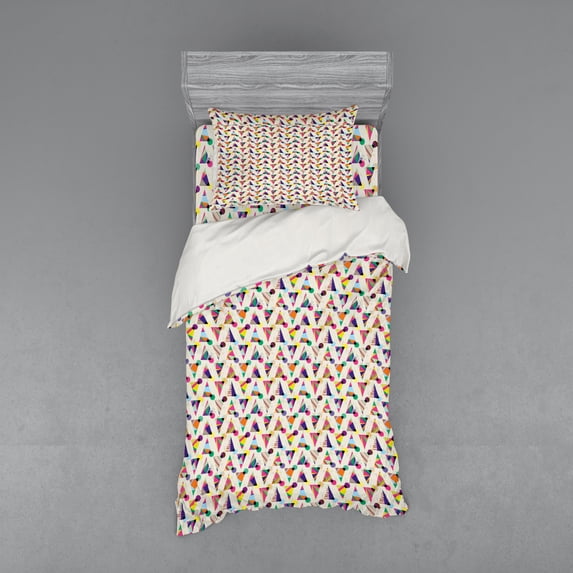 Geometric Duvet Cover Set, Colorful Retro Style Triangles and Circles on a Grunge Background, Bedding Set with Shams and Fitted Sheet, 3 Sizes, by Ambesonne