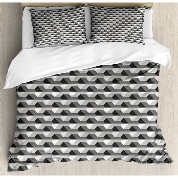 Geometric Duvet Cover Set, Concrete Geometric Patterns with Odd Minimalist Linked Shapes Image Print, Decorative 3 Piece Bedding Set with 2 Pillow Shams, King Size, Grey Black White, by Ambesonne
