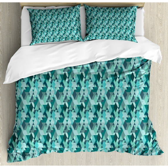 Geometric Duvet Cover Set, Contemporary Abstract Design Triangles Forming Diamonds Aztec Folk, Decorative 3 Piece Bedding Set with 2 Pillow Shams, Calking Size, Teal Turquoise Slate Blue, by Ambesonne