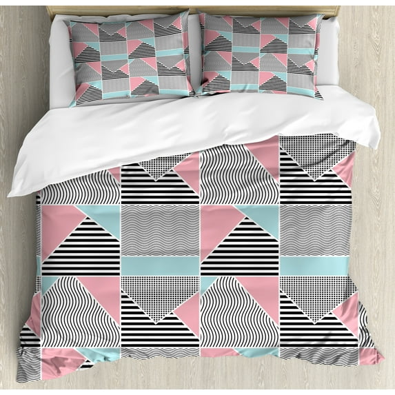 Geometric Duvet Cover Set, Contemporary Themed Illustration in Retro Style Modern Art, Decorative 3 Piece Bedding Set with 2 Pillow Shams, Calking Size, Blue Pink and Charcoal Grey, by Ambesonne