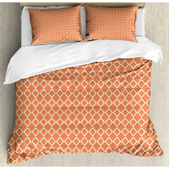 Geometric Duvet Cover Set, Diagonal Checkered Pattern with Squares on Orange Background Modern Geometrical, Decorative 3 Piece Bedding Set with 2 Pillow Shams, King Size, Orange White, by Ambesonne
