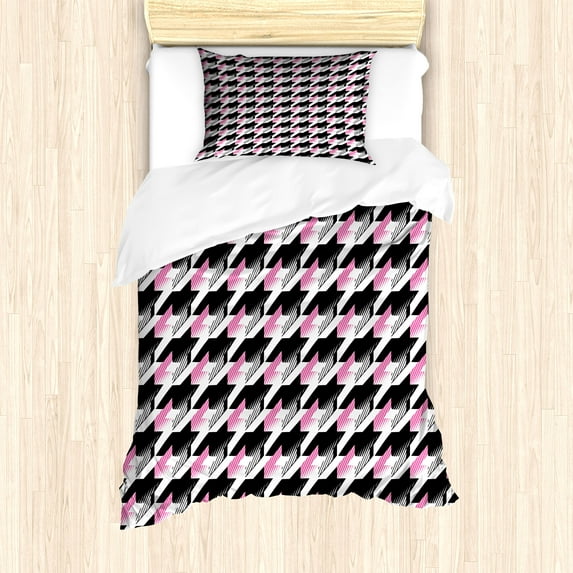 Geometric Duvet Cover Set, Diagonal Repeated Striped Classic Houndstooth Motifs Modern Digital Art, Decorative 2 Piece Bedding Set with 1 Pillow Shams, Twin Size, Black Pink White, by Ambesonne
