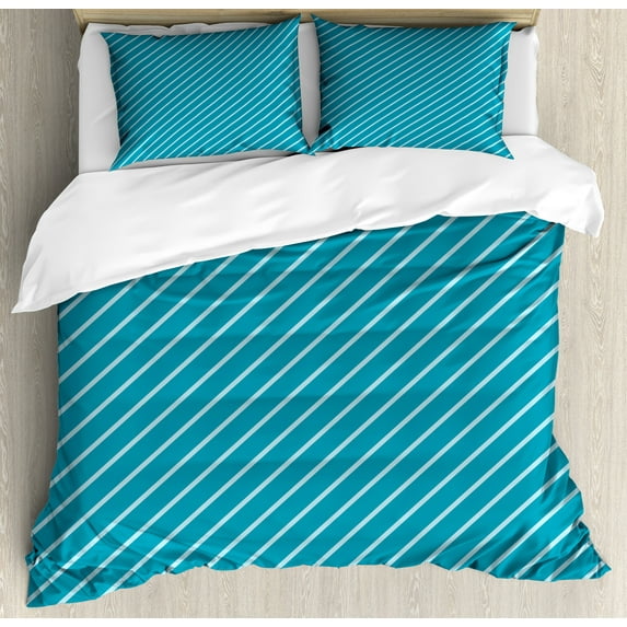 Geometric Duvet Cover Set, Diagonal Striped Pattern Mediterranean Cruise Colors Ocean Travel Adventure, Decorative 3 Piece Bedding Set with 2 Pillow Shams, Calking Size, Pale Blue Teal, by Ambesonne