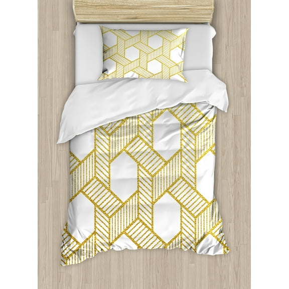 Geometric Duvet Cover Set, Entangled Stripes with Diagonal Lines Forming Hexagonal Shapes Contemporary, Decorative 2 Piece Bedding Set with 1 Pillow Shams, Twin Size, Yellow and White, by Ambesonne