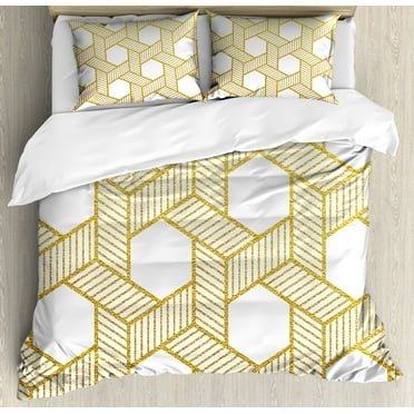 Geometric Duvet Cover Set, Entangled Stripes with Diagonal Lines Forming Hexagonal Shapes Contemporary, Decorative 3 Piece Bedding Set with 2 Pillow Shams, Calking Size, Yellow and White, by Ambesonne