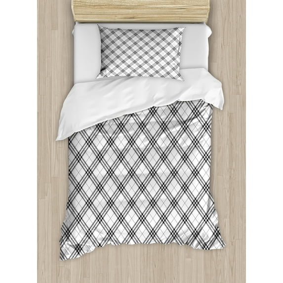 Geometric Duvet Cover Set, Fashion Style Textured Diagonal Scottish Irish Minimalist Design Pattern Print, Decorative 2 Piece Bedding Set with 1 Pillow Shams, Twin Size, Black White, by Ambesonne