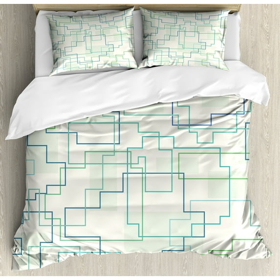 Geometric Duvet Cover Set, Futuristic Design Like a Subway Line with All Routes in Town Pattern, Decorative 3 Piece Bedding Set with 2 Pillow Shams, Calking Size, Mint Green Royal Blue, by Ambesonne