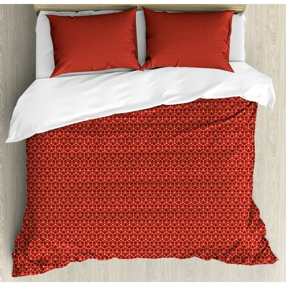 Geometric Duvet Cover Set, Grid Mesh Style Abstract Geometrical Striped Hexagonal Forms in Warm Tones, Decorative 3 Piece Bedding Set with 2 Pillow Shams, Queen Size, Red and Beige, by Ambesonne
