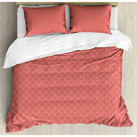 Geometric Duvet Cover Set, Horizontal Diamond Line Pattern Design with Chevron Lines Tile Print, Decorative 3 Piece Bedding Set with 2 Pillow Shams, Queen Size, Coral Cream Salmon, by Ambesonne