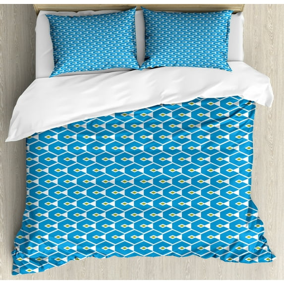 Geometric Duvet Cover Set King Size, Bicolour Design Modern Simplistic Pattern with Rhythmic Creative Shapes, Decorative 3 Piece Bedding Set with 2 Pillow Shams, Sea Blue Lime Green, by Ambesonne