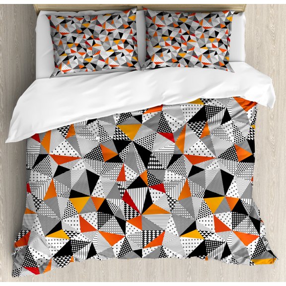 Geometric Duvet Cover Set King Size, Polygonal Pattern Checkered Design Triangles and Lines Pattern Modern Art, Decorative 3 Piece Bedding Set with 2 Pillow Shams, Orange Black White, by Ambesonne