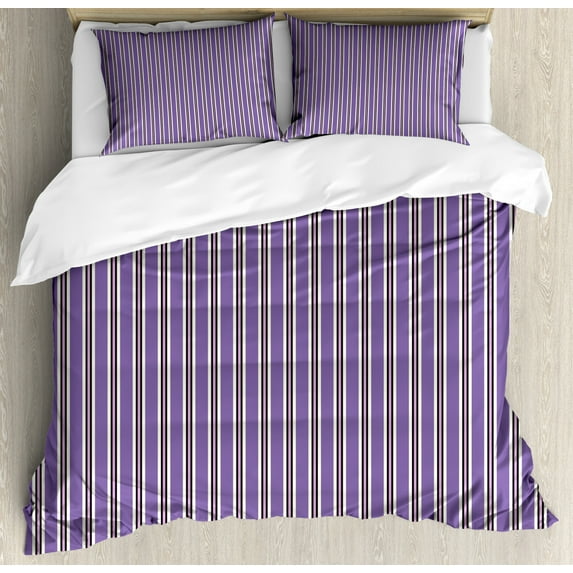 Geometric Duvet Cover Set King Size, Vertical Striped Pattern in Lavender Tones Geometric Classic Design, Decorative 3 Piece Bedding Set with 2 Pillow Shams, Lavander Black White, by Ambesonne
