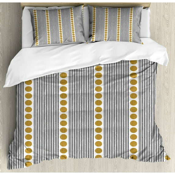 Geometric Duvet Cover Set King Size, Vertical Stripes with Circles Grunge Effect Composition Abstract Graphic, Decorative 3 Piece Bedding Set with 2 Pillow Shams, Brown Black White, by Ambesonne