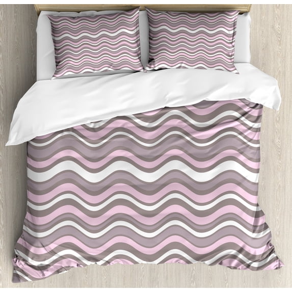 Geometric Duvet Cover Set King Size, Wavy Horizontal Stripes Ocean Pattern Abstract Inspirations Sea Effect, Decorative 3 Piece Bedding Set with 2 Pillow Shams, Warm Taupe Pink Cream, by Ambesonne