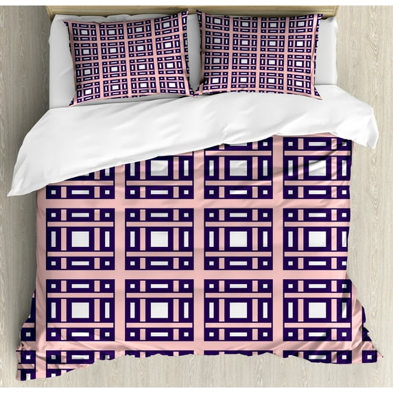 Geometric Duvet Cover Set, Large and Small Squares and Rectangles Pattern Symmetrical Design, Decorative 3 Piece Bedding Set with 2 Pillow Shams, Calking Size, Dark Purple Blush White, by Ambesonne