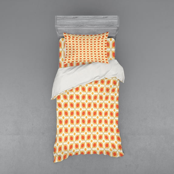 Geometric Duvet Cover Set, Linked Bold Geometric Shapes 70s Vintage Minimalist Pattern Bohemian Design, Bedding Set with Shams and Fitted Sheet, 3 Sizes, by Ambesonne
