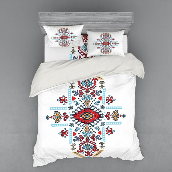 Geometric Duvet Cover Set, Mexican and Ornamental Folkloric Unique Vintage Pattern, Bedding Set with Shams and Fitted Sheet, 3 Sizes, by Ambesonne