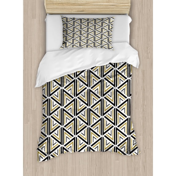 Geometric Duvet Cover Set, Modern Art Triangle and Diamond Repeating Line Tiling Image, Decorative 2 Piece Bedding Set with 1 Pillow Shams, Twin Size, Mustard and Black, by Ambesonne