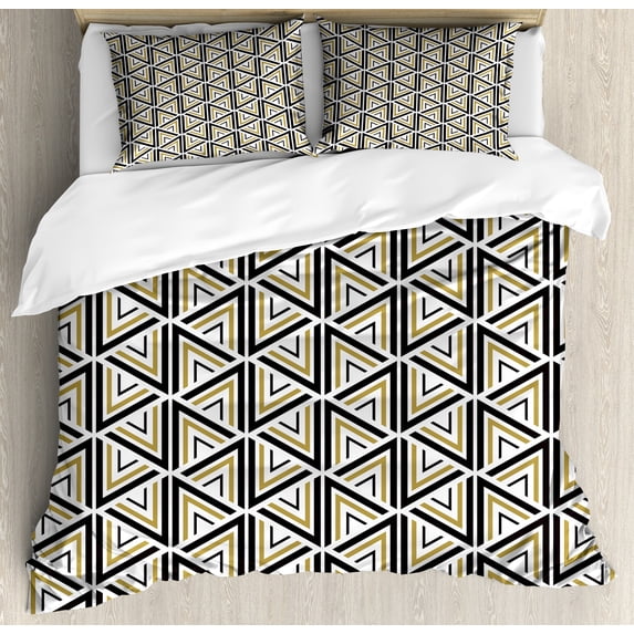 Geometric Duvet Cover Set, Modern Art Triangle and Diamond Repeating Line Tiling Image, Decorative 3 Piece Bedding Set with 2 Pillow Shams, Calking Size, Mustard and Black, by Ambesonne