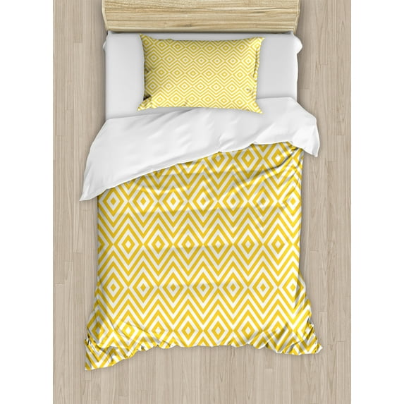 Geometric Duvet Cover Set, Modern Design with Triangle Square Shapes Made with Stripes Art Print, Decorative 2 Piece Bedding Set with 1 Pillow Shams, Twin Size, Marigold and White, by Ambesonne