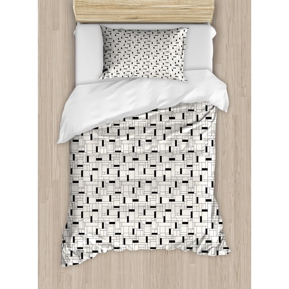 Geometric Duvet Cover Set, Modern Grid with Rectangular Shapes Contemporary Repetition, Decorative 2 Piece Bedding Set with 1 Pillow Shams, Twin Size, Ivory and Charcoal Grey, by Ambesonne