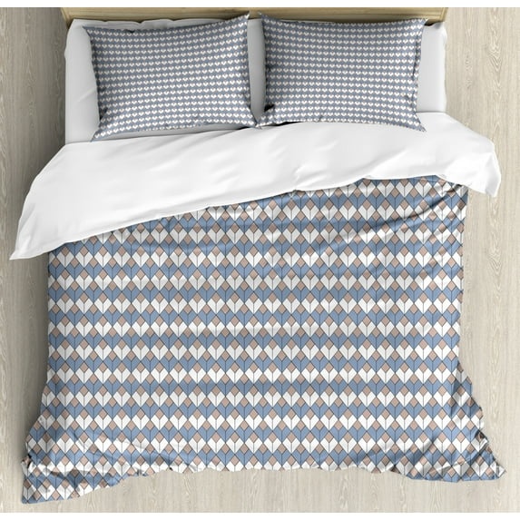 Geometric Duvet Cover Set, Modern Nested Repeating Diamond Line Pattern with Vertical Lines, Decorative 3 Piece Bedding Set with 2 Pillow Shams, Queen Size, Dried Rose Slate Blue, by Ambesonne