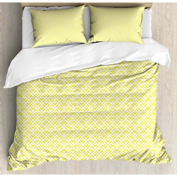 Geometric Duvet Cover Set, Modern and Simple Pattern with Abstract of Squares and Direction Pointers, Decorative 3 Piece Bedding Set with 2 Pillow Shams, Queen Size, Yellow and White, by Ambesonne