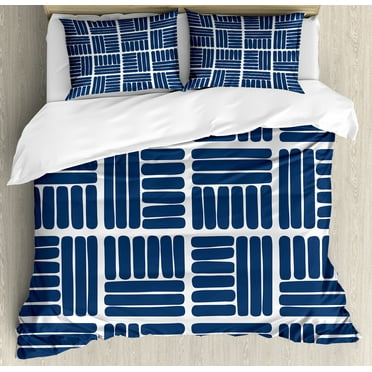 Geometric Duvet Cover Set, Modern Stripes in Squares Shape Geometrical Minimalist Design Print, Decorative 3 Piece Bedding Set with 2 Pillow Shams, Calking Size, Night Blue and White, by Ambesonne