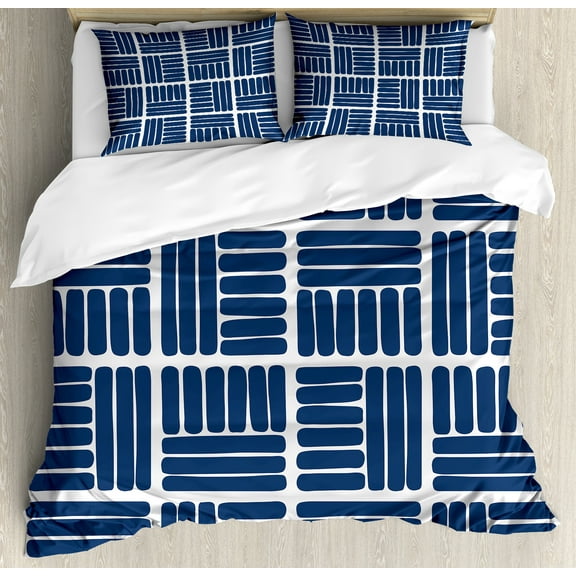 Geometric Duvet Cover Set, Modern Stripes in Squares Shape Geometrical Minimalist Design Print, Decorative 3 Piece Bedding Set with 2 Pillow Shams, King Size, Night Blue and White, by Ambesonne