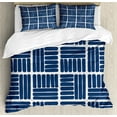 thumbnail image 1 of Geometric Duvet Cover Set, Modern Stripes in Squares Shape Geometrical Minimalist Design Print, Decorative 3 Piece Bedding Set with 2 Pillow Shams, Queen Size, Night Blue and White, by Ambesonne, 1 of 3