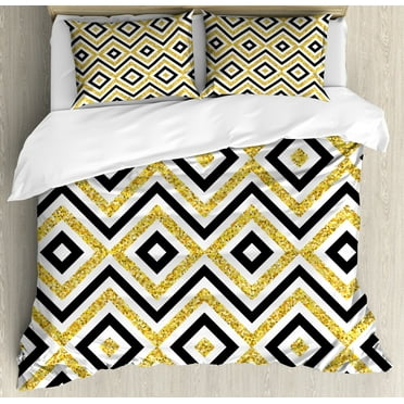 Geometric Duvet Cover Set, Motif of Zig Zag and Squares Contemporary Design Art Print, Decorative 3 Piece Bedding Set with 2 Pillow Shams, Calking Size, White Black and Yellow, by Ambesonne