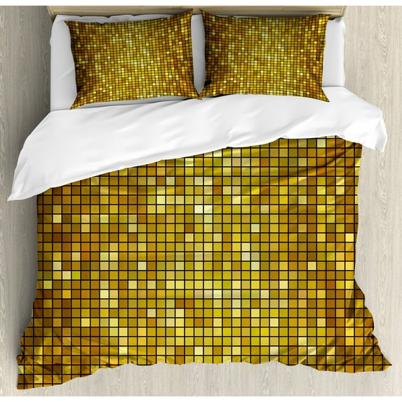 Geometric Duvet Cover Set, Ombre Design with Mosaic Like Image with Square Details Art Print, Decorative 3 Piece Bedding Set with 2 Pillow Shams, Queen Size, Marigold and Yellow, by Ambesonne