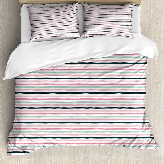 Geometric Duvet Cover Set, Pastel Colored Modern Contemporary Horizontal Repetitive Wavy Stripes, Decorative 3 Piece Bedding Set with 2 Pillow Shams, Queen Size, Seafoam Pink and Teal, by Ambesonne