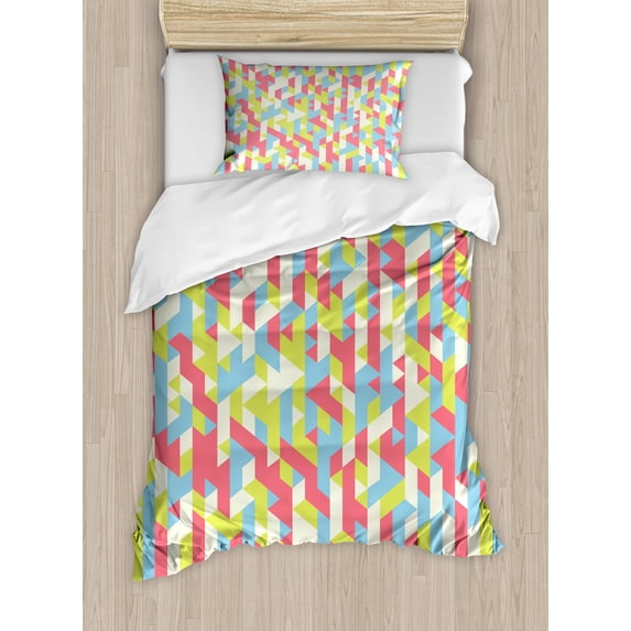 Geometric Duvet Cover Set, Psychedelic Backdrop with Fractal Gradient Dimensional Abstract Motif, Decorative 2 Piece Bedding Set with 1 Pillow Shams, Twin Size, Dried Rose Apple Green, by Ambesonne