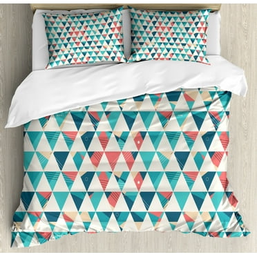 Geometric Duvet Cover Set Queen Size, Abstract Triangles Hexagons Soft Colors Modern Artwork Cubism Inspired, Decorative 3 Piece Bedding Set with 2 Pillow Shams, Turquoise Teal Coral, by Ambesonne