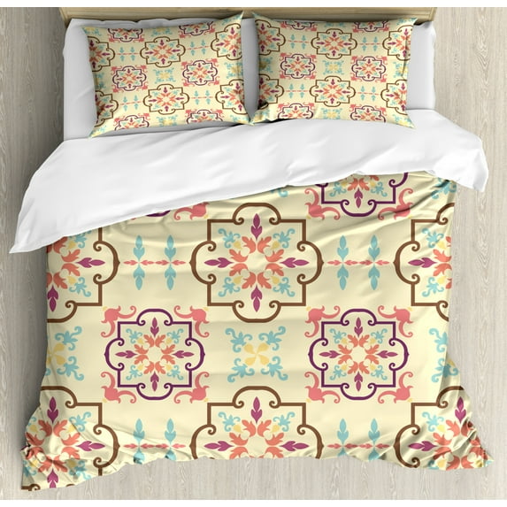 Geometric Duvet Cover Set Queen Size, Colorful Floral Themed Ornamental Abstract Design in Vintage Style, Decorative 3 Piece Bedding Set with 2 Pillow Shams, Cream and Multicolor, by Ambesonne
