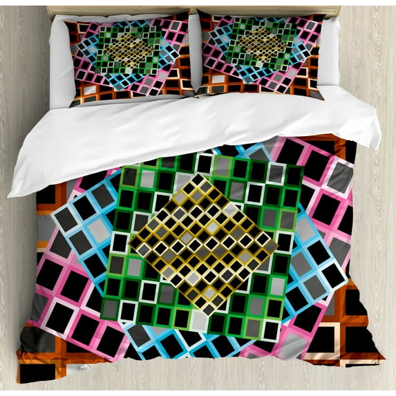 Geometric Duvet Cover Set Queen Size, Colorful Squares Framework Abstract Style Modern Graphic Design Artwork Print, Decorative 3 Piece Bedding Set with 2 Pillow Shams, Multicolor, by Ambesonne