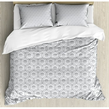 Geometric Duvet Cover Set Queen Size, East Cultures Inspired Circles with Floral Arrangement Traditional Motifs, Decorative 3 Piece Bedding Set with 2 Pillow Shams, Grey Silver Beige, by Ambesonne