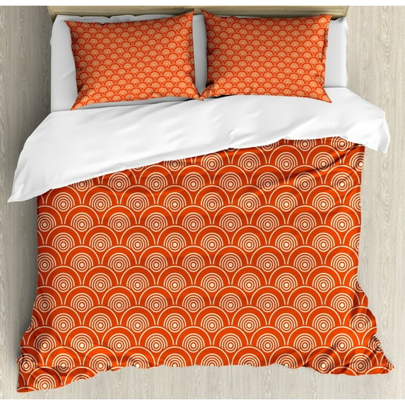 Geometric Duvet Cover Set Queen Size, Eastern Half Circle Pattern Abstract Geometric Shapes Japanese Kimono, Decorative 3 Piece Bedding Set with 2 Pillow Shams, Orange Pale Yellow, by Ambesonne