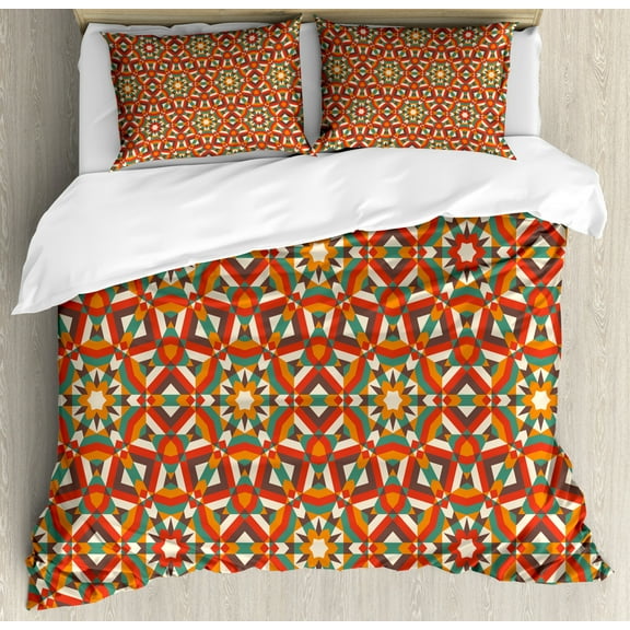 Geometric Duvet Cover Set Queen Size, Ethnic Traditional Damask Pattern Abstract Retro Symmetrical Oriental Design, Decorative 3 Piece Bedding Set with 2 Pillow Shams, Multicolor, by Ambesonne