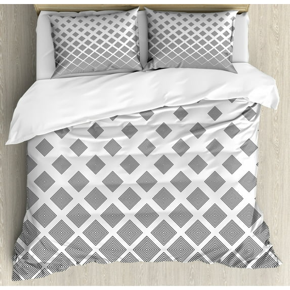 Geometric Duvet Cover Set Queen Size, Monochrome Black and White Squares Pattern Abstract Designed Shapes Print, Decorative 3 Piece Bedding Set with 2 Pillow Shams, Black and White, by Ambesonne